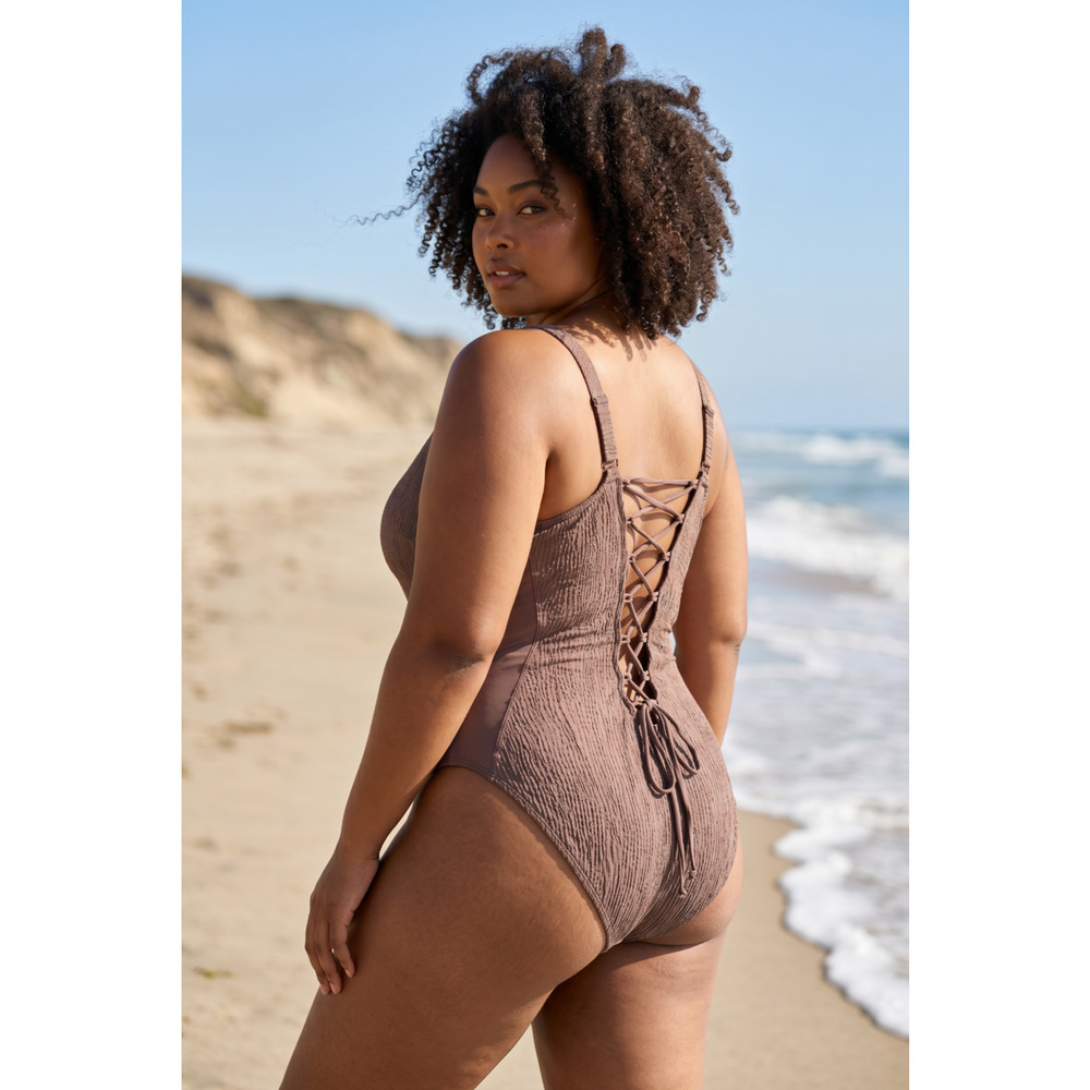 TA3 Plungey Wavy Espresso Brown One Piece Swimsuit 4X XLong NWT